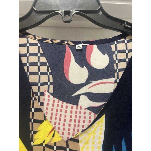 Tiered V-Neck, Navy, Yellow, Orange Colorful Abstract Flowy Comfortable Dress XL - Picture 3 of 7